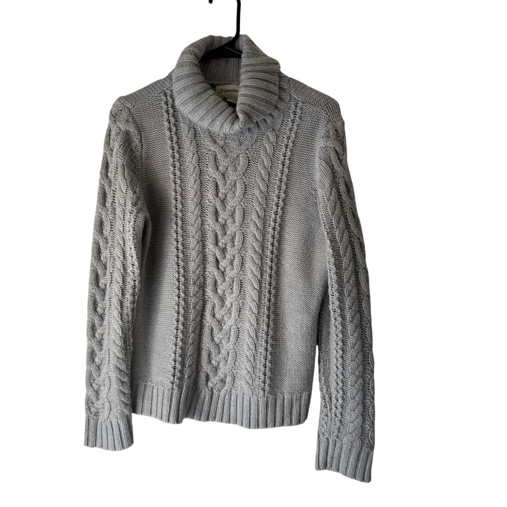 ST JOHNSBAY Y2k‎ Petite L Gray Cable Knit Turtleneck Sweater Fisherman Chunky